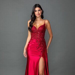 New Burgundy Long Evening Sheath Gown w/ Side Drape & Sexy Leg Slit DQ 4552